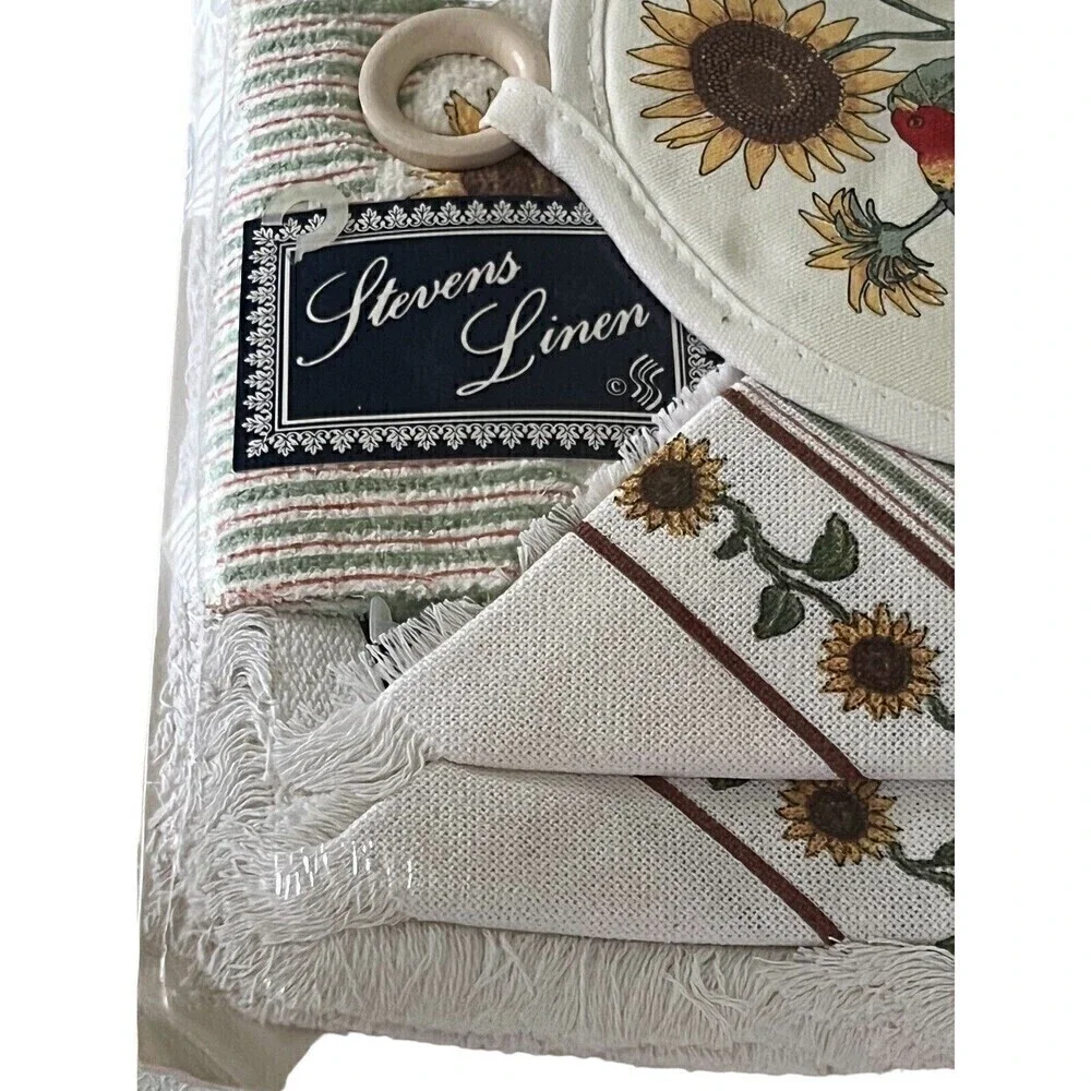 Vintage Stevens Linen Placemats Napkins Potholder Original Packaging Bird Flower
